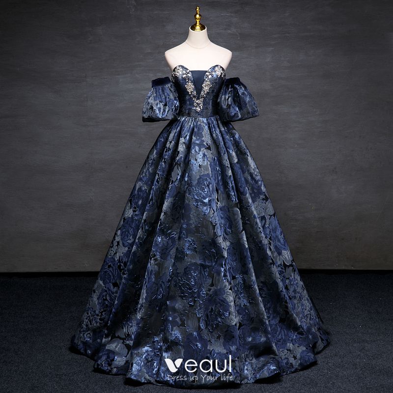 Vintage / Retro Navy Blue Printing Prom Dresses Ball Gown 2023 ...
