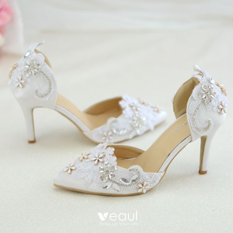 Elegantes Blanco Con Encaje Flor Zapatos de novia 2020 Rhinestone