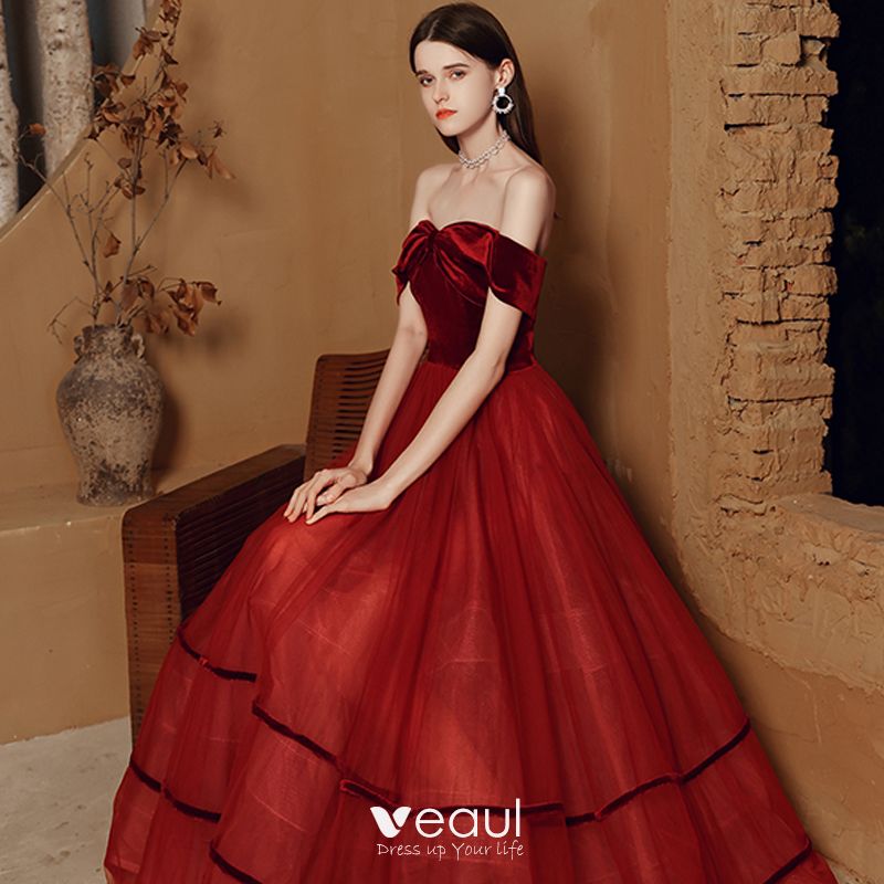 Modest Simple Red Dancing Prom Dresses 2021 A-Line / Princess Off-The-Shoulder Short Sleeve
