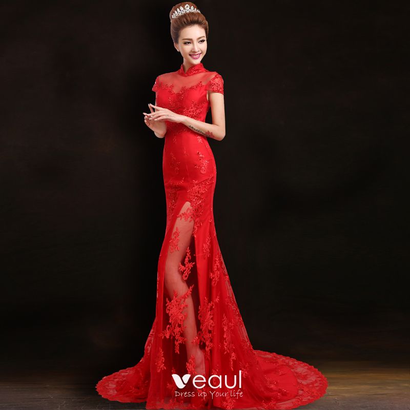 Chinese style Red Evening Dresses 2018 Trumpet / Mermaid Appliques Lace ...