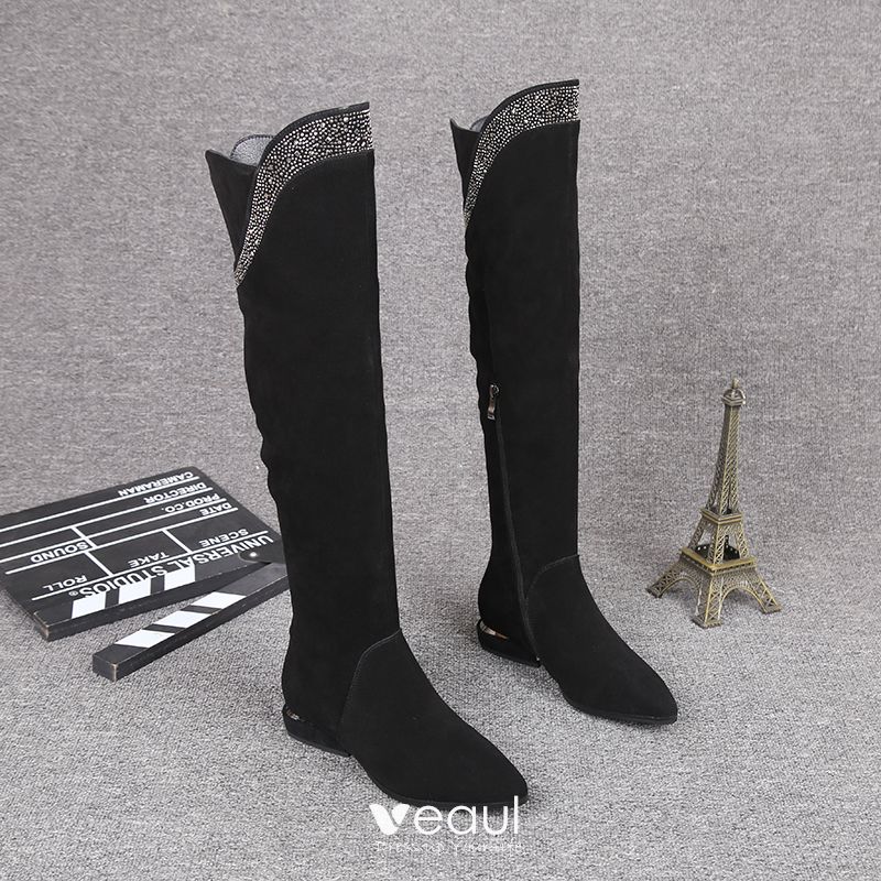Fashion Winter Black Street Rhinestone Suede Womens Boots 2021 Leather Knee High Pointed Flat Boots