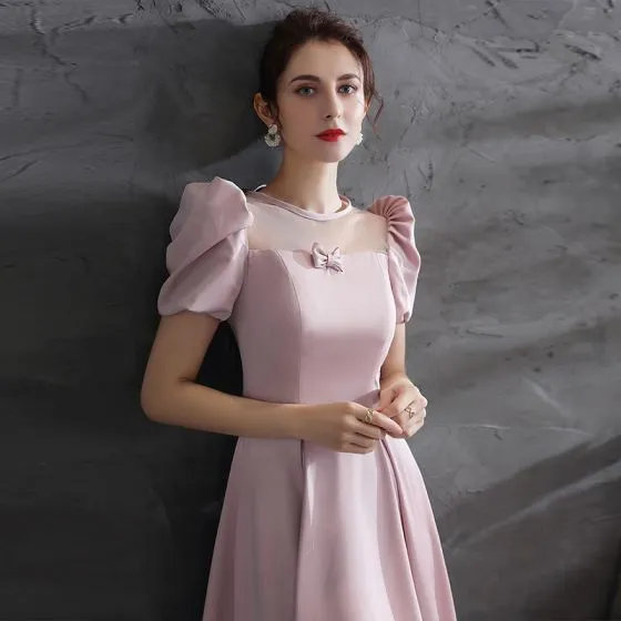 Elegant Blushing Pink Satin Prom Dresses 2021 A-Line / Princess Scoop ...