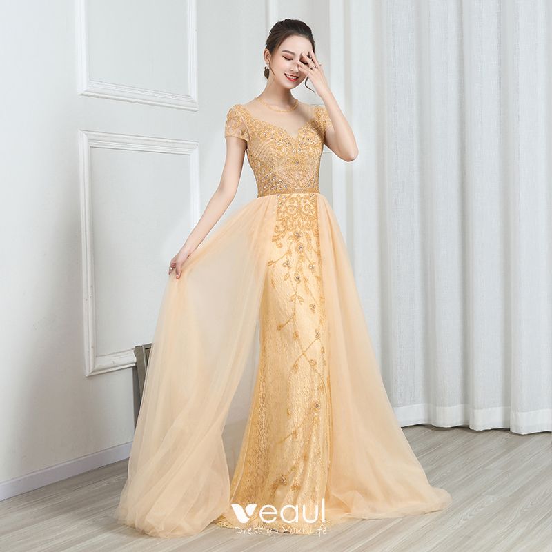 High-end Gold Lace See-through Evening Dresses 2020 A-Line / Princess ...