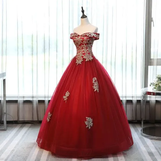 Chic / Beautiful Red Prom Dresses 2017 Ball Gown Off-The-Shoulder Short ...