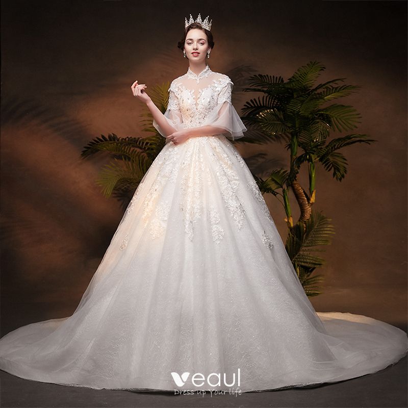 Vintage / Retro Ivory See,through Wedding Dresses 2019 A,Line / Princess High Neck Bell sleeves Backless Appliques Lace Beading Glitter Tulle Chapel