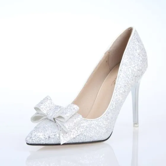 Sparkly Silver Wedding Shoes 2018 Glitter Sequins Bow Leather 10 cm ...