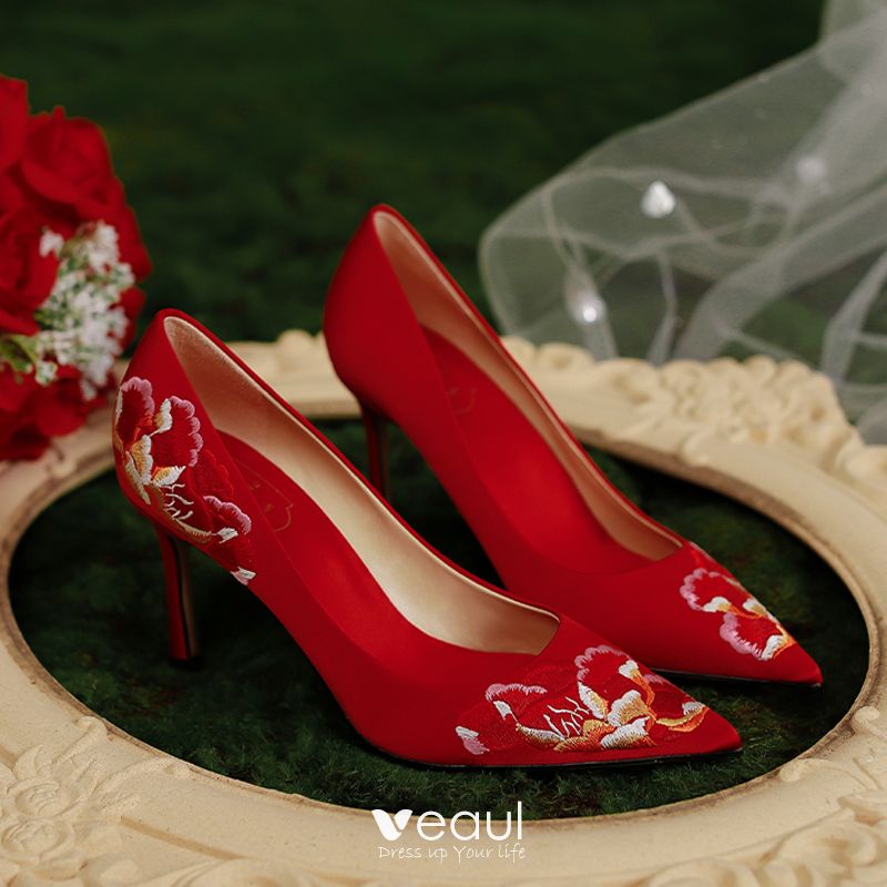 Bride Party Pumps Rhinestone Shoes 2023 Stiletto Red Sole Pointed