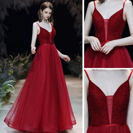 Sexy Burgundy Prom Dresses 2020 A-Line / Princess Spaghetti Straps Deep ...