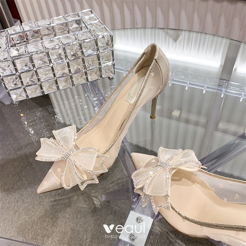 Charming Beige Rhinestone Bow Wedding Shoes 10 cm Stiletto Pointed Wedding Pumps