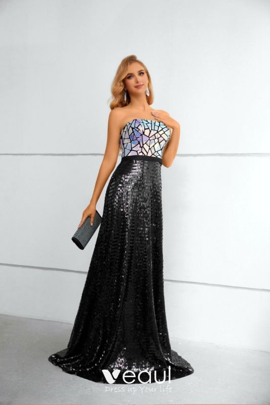 Starry Night Evening Dress Multi Color Sequin and Black Chiffon Plus Size  Empire Gown