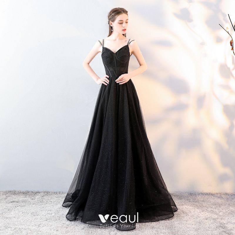 Elegant Black Evening Dresses 2018 A-Line / Princess Spaghetti Straps ...