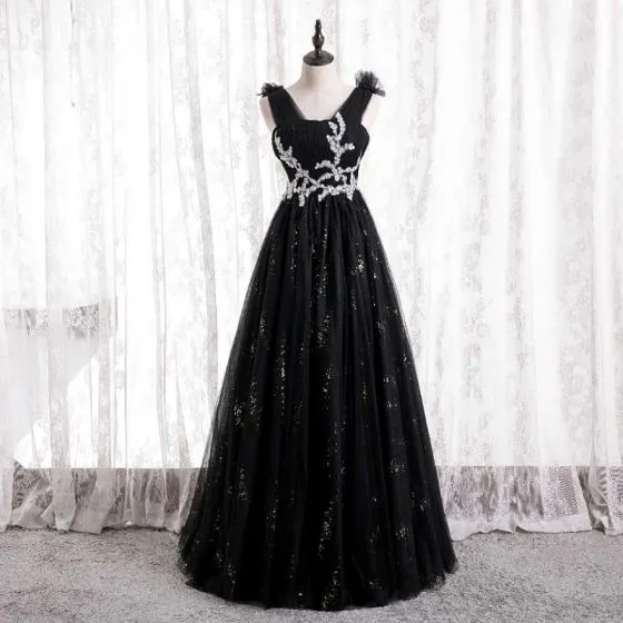 Chic / Beautiful Black Prom Dresses 2021 A-Line / Princess V-Neck ...