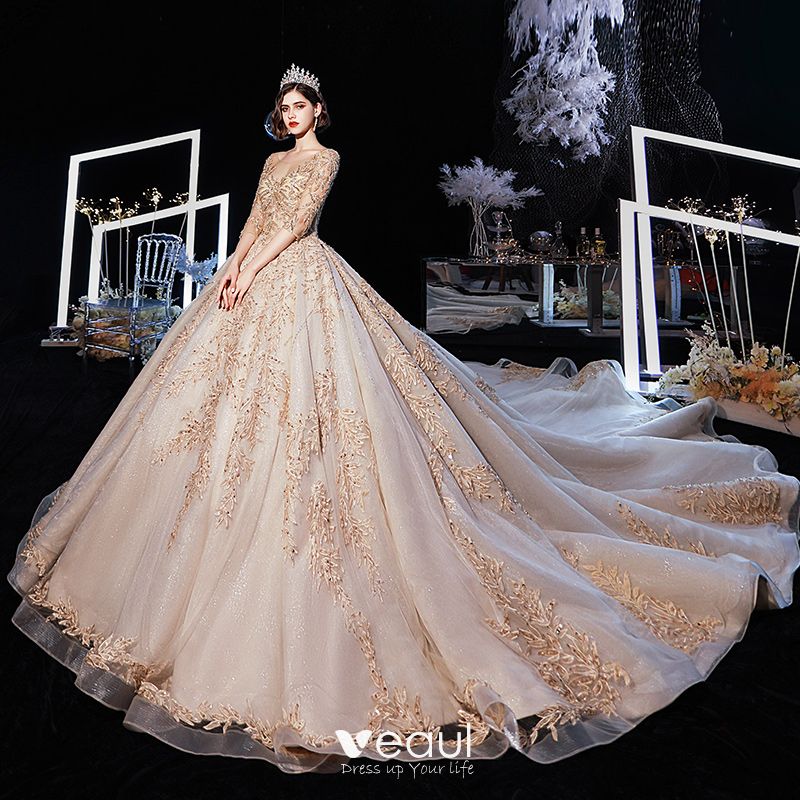 Luxury Gorgeous Champagne Wedding Dresses 2020 Ball Gown See