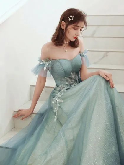 Charming Mint Green Evening Dresses 2020 A-Line / Princess Off-The ...