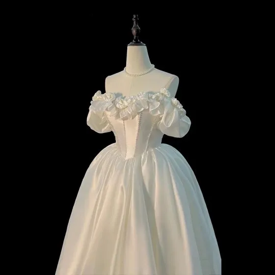 Vintage Retro White Ruffle Satin Wedding Dresses 2024 Ball Gown Off The Shoulder Sleeveless Backless Floor Length Long Wedding 560x560 