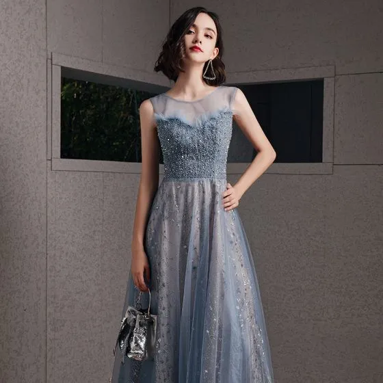 Chic / Beautiful Ocean Blue See-through Evening Dresses 2020 A-Line ...