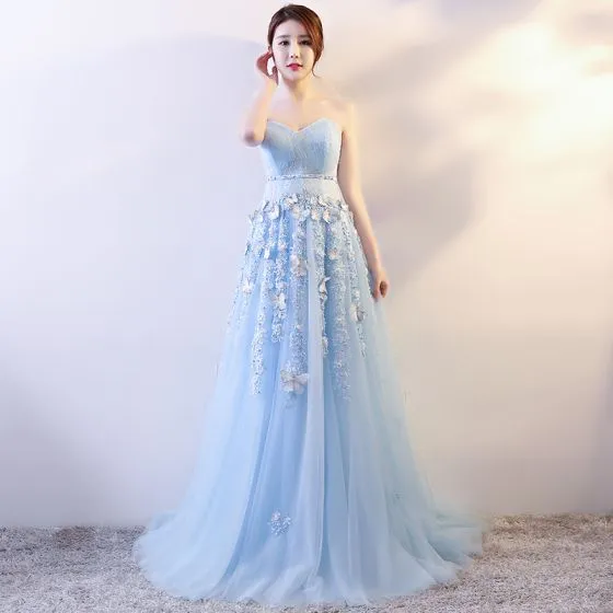 Elegant Sky Blue Evening Dresses 2018 Empire Butterfly Appliques Bow ...