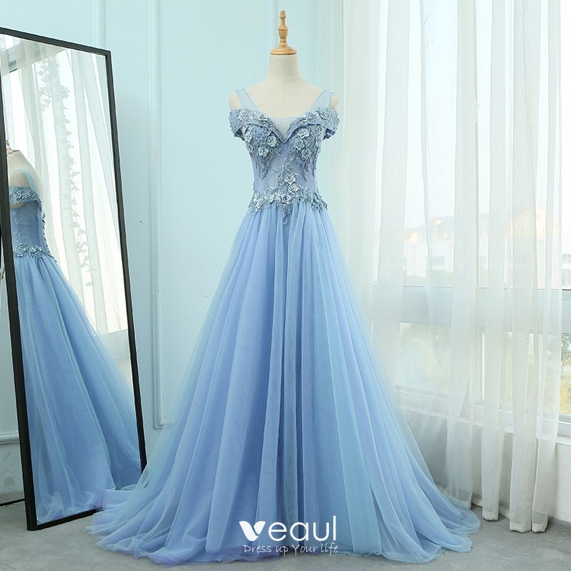 Elegant Sky Blue Evening Dresses 2018 A-Line / Princess U-Neck Short ...