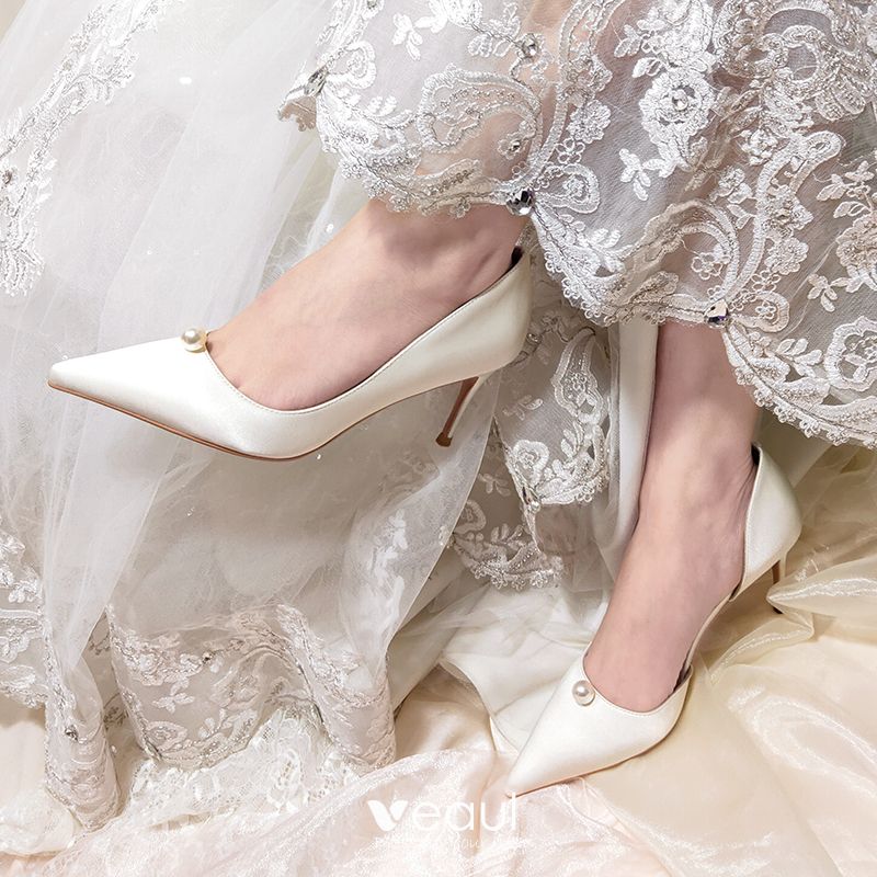 Elegant White Satin Wedding Shoes 2020 Leather Pearl 7 cm Stiletto