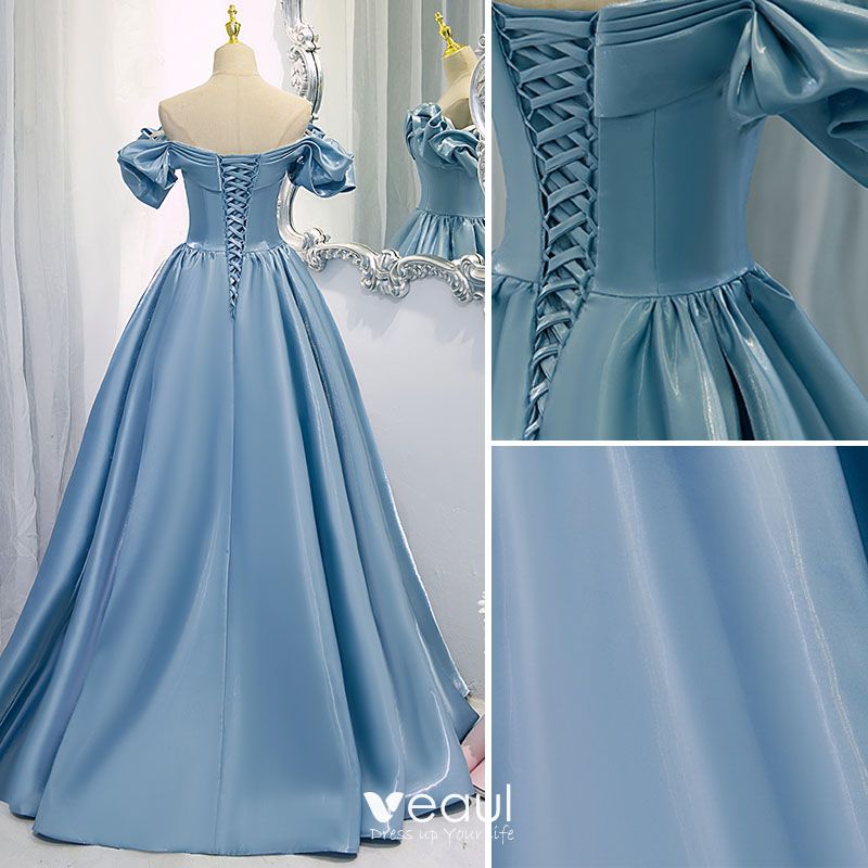 Fashion Sky Blue Satin Prom Dresses 2021 A-Line / Princess Off-The ...