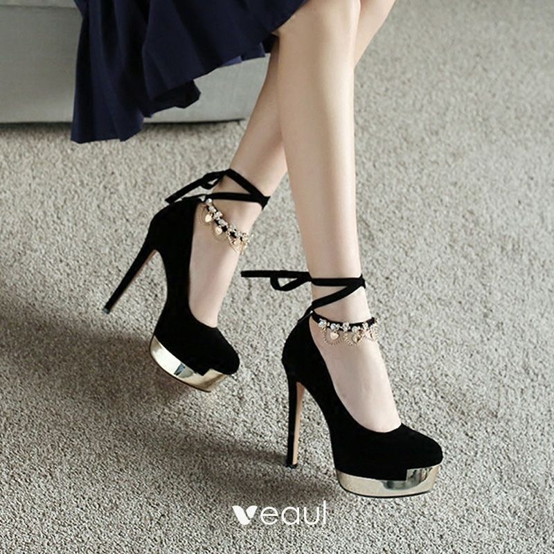 black round toe pumps with ankle strap