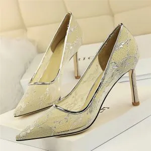 Chic / Beautiful Silver Lace Evening Party Pumps 2019 8 cm Stiletto Heels Pointed Toe Pumps