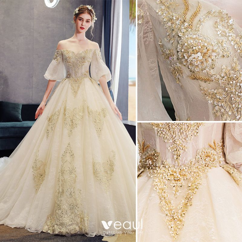 Classy Champagne Wedding Dresses 2019 A-Line / Princess Off-The ...