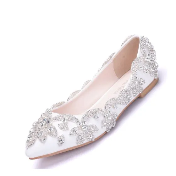 Sparkly White Rhinestone Pointed Toe Flat Wedding Shoes 2018