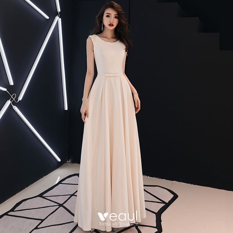 Elegant Solid Color Champagne Evening Dresses 2019 A-Line / Princess Scoop  Neck Pearl Rhinestone Sleeveless Floor-Length / Long Formal Dresses