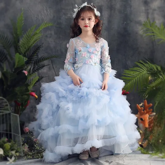 Elegant Sky Blue Prom Dresses 2019 A-Line / Princess Scoop Neck 3/4 ...
