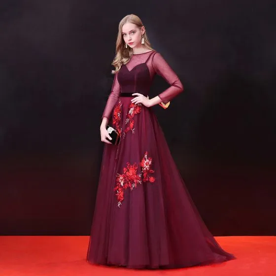 Chic Beautiful Burgundy Prom Dresses 2018 A Line Princess Appliques Sash Scoop Neck Long 