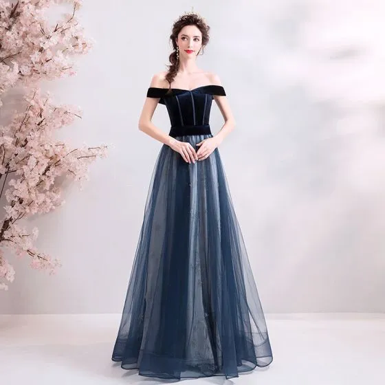 Elegant Dark Green Evening Dresses 2019 A-line   Princess Off-the 