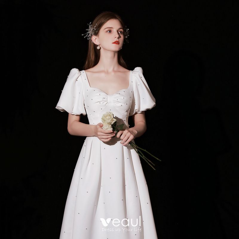 Modest / Simple Ivory Pearl Satin Prom Dresses 2022 A-Line / Princess ...