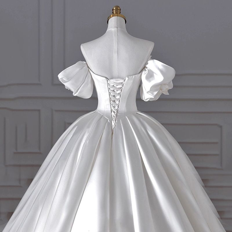 Vintage Retro Modest Simple White Satin Wedding Dresses 2024 Ball   Vintage Retro Modest Simple White Satin Wedding Dresses 2024 Ball Gown Off The Shoulder Short Sleeve Backless Floor Length Long Wedding 800x800 