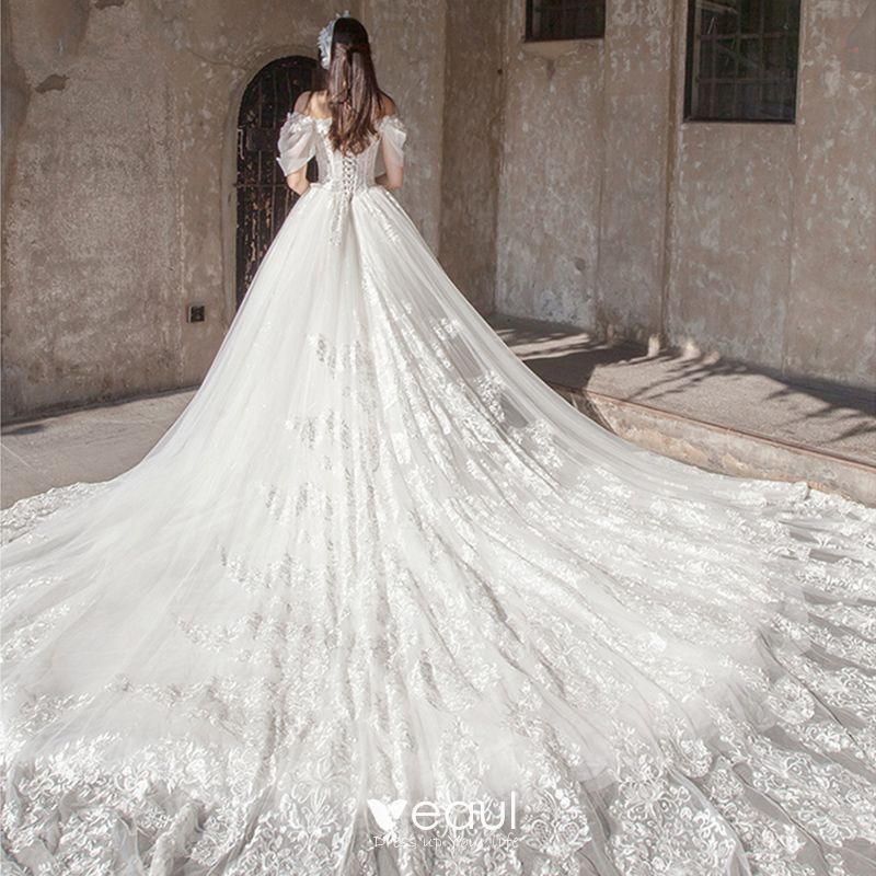 Stunning Ivory Wedding Dresses 2019 A-Line / Princess Off-The-Shoulder ...