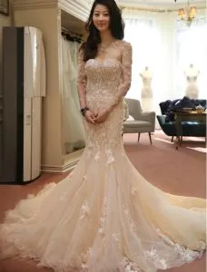 Glamorous Wedding Dresses 2016 Detachable Neckline & Sleeves Mermaid Lace Wedding Dress