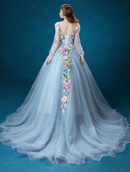 Slot aluminium Snel Flower Fairy Dress 2016 Long Sleeves Backless Handmade Colorful Flowers  Long Prom Dress