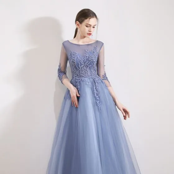 Chic / Beautiful Sky Blue Evening Dresses 2019 A-Line / Princess Scoop ...