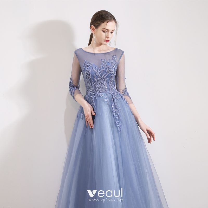 Chic / Beautiful Sky Blue Evening Dresses 2019 A-Line / Princess Scoop ...