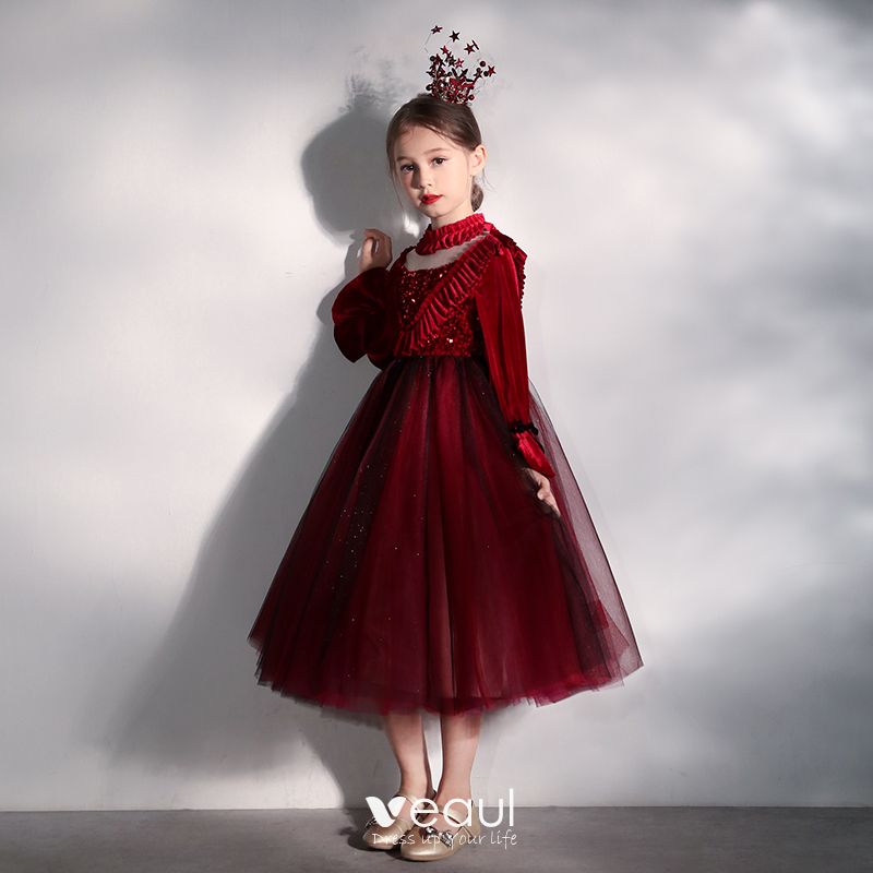 Chic Beautiful Red Birthday Flower Girl Dresses 2020 Ball Gown See-through  High Neck 1/2
