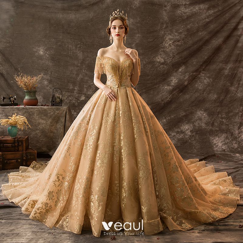 Luxury Gorgeous Gold Wedding Dresses  2022 Ball Gown  Off 