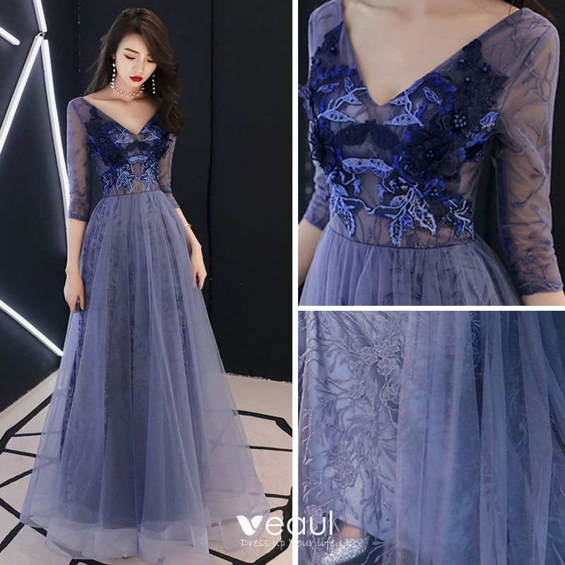 Illusion Royal Blue Evening Dresses 2019 A-Line / Princess V-Neck 3/4 ...