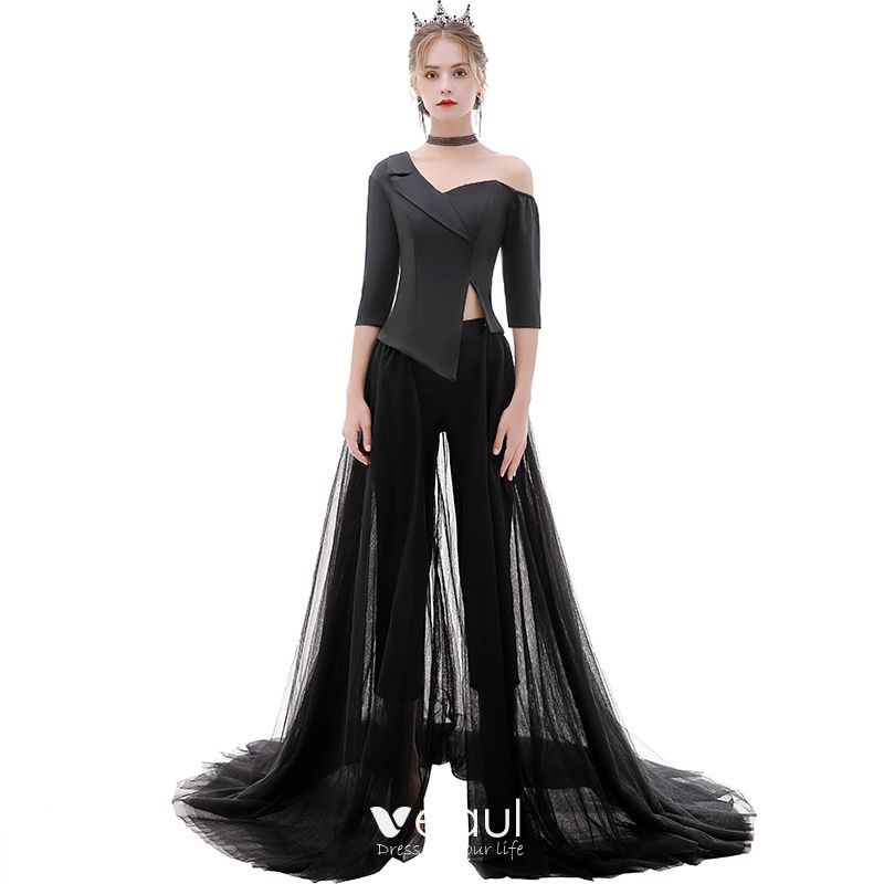 Fashion Black Jumpsuit 2020 One-Shoulder 1/2 Sleeves Detachable Sweep ...