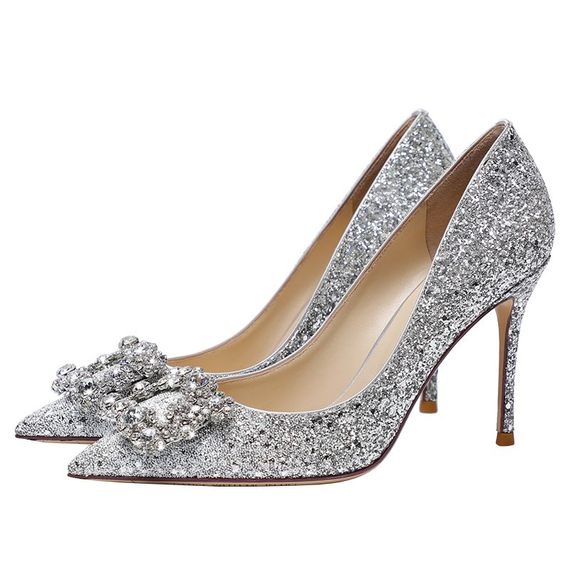 Sparkly Charming Silver Sequins Rhinestone Wedding Shoes 2021 Leather 9 ...