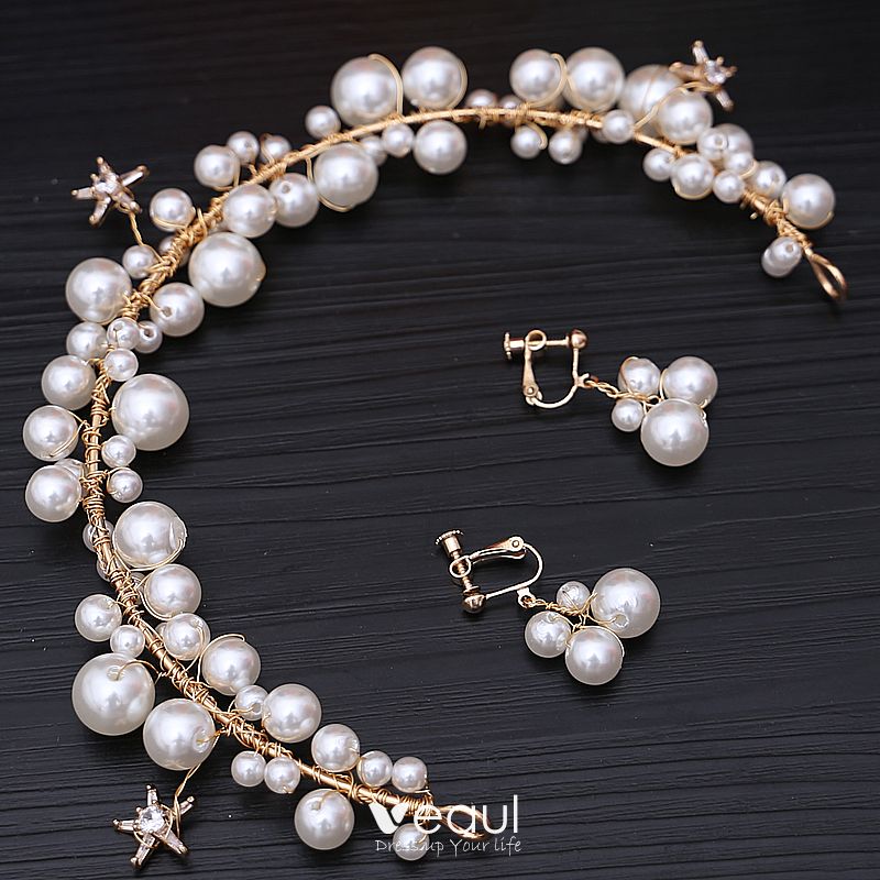Chic / Beautiful Ivory Bridal Jewelry 2020 Metal Pearl Earrings ...