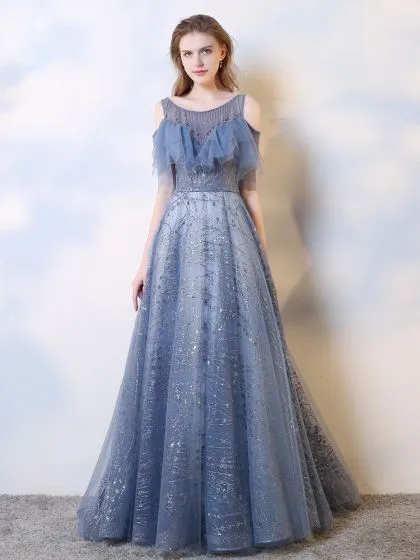 Charming Ocean Blue Evening Dresses 2019 A-Line / Princess Scoop Neck ...