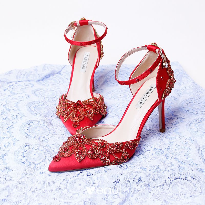 red satin ankle strap heels