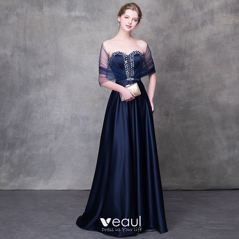 Elegant Navy Blue Evening Dresses 2018 A-Line / Princess Crystal ...