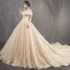 Chic / Beautiful Champagne See-through Wedding Dresses 2018 A-Line / Princess Scoop Neck Short Sleeve Backless Appliques Lace Glitter Sequins Cathedral Train Ruffle