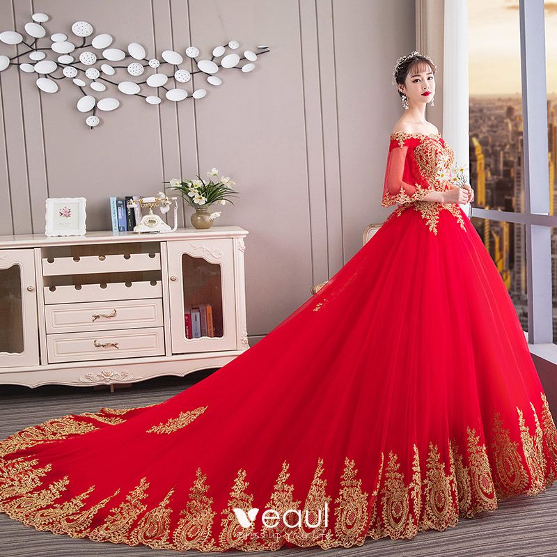 Chinese style Red Wedding Dresses 2019 Ball Gown Off-The ...